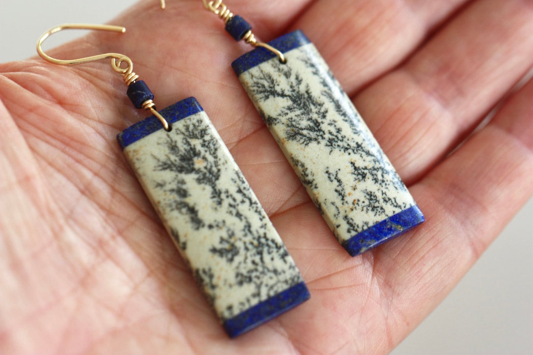 Sapling Jasper and Lapis Lazuli Intarsia Long Earrings, September and March Birthstone Earrings