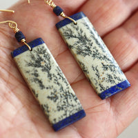 Sapling Jasper and Lapis Lazuli Intarsia Long Earrings, September and March Birthstone Earrings