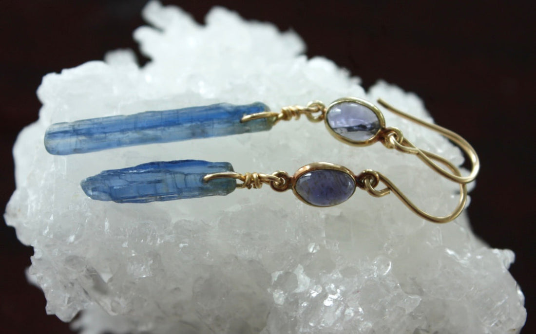 Raw Blue Kyanite Stick and Iolite  Earrings