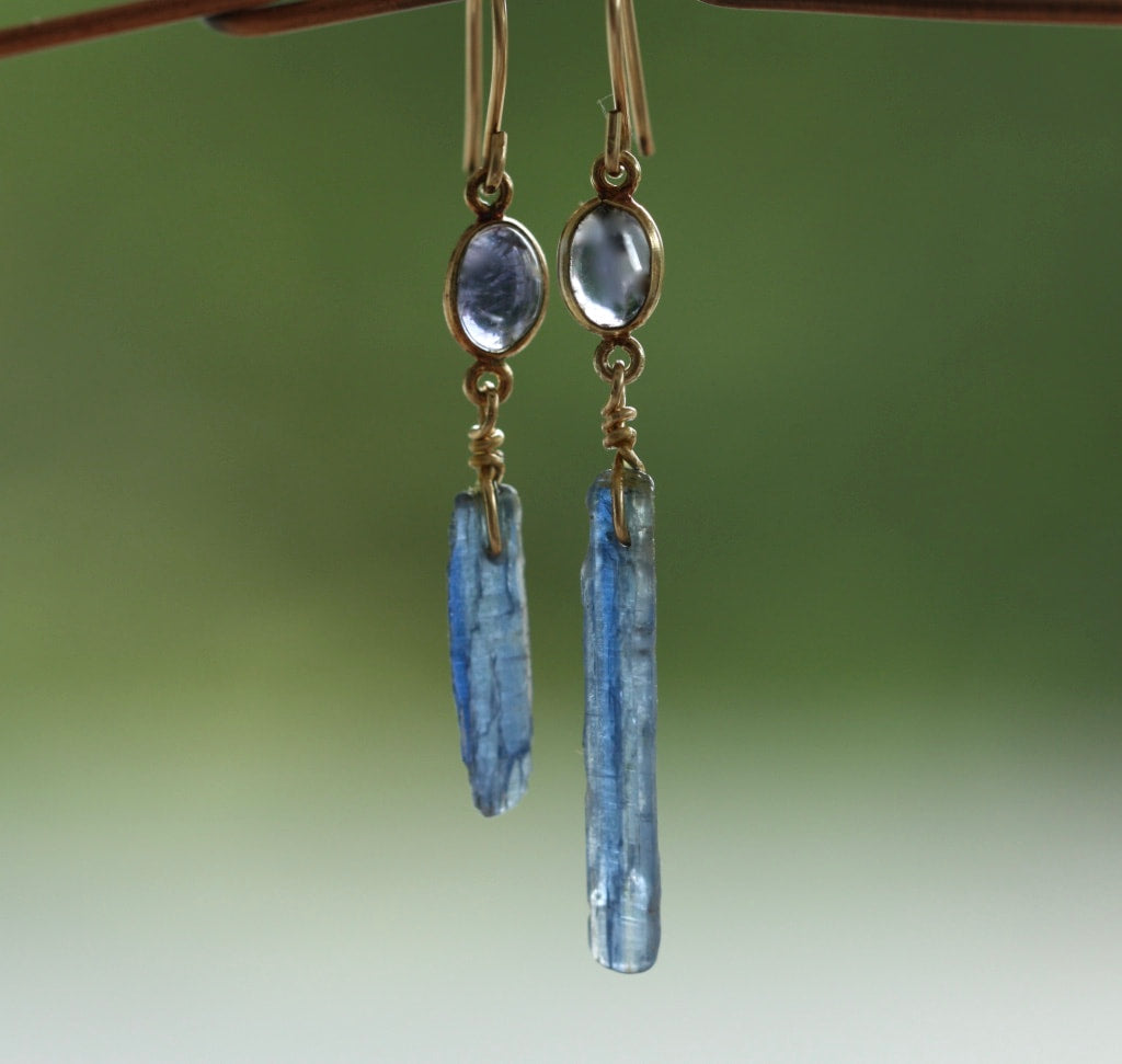 Raw Blue Kyanite Stick and Iolite  Earrings