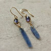 Raw Blue Kyanite Stick and Iolite  Earrings