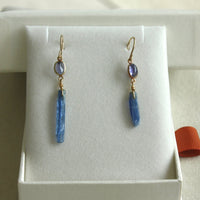 Raw Blue Kyanite Stick and Iolite  Earrings