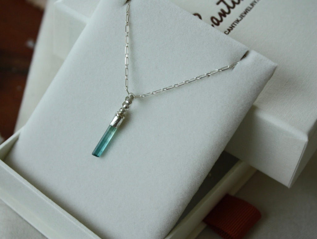 Raw Indicolite Teal Blue Tourmaline Pendant Necklace, October Birthstone Pendant Necklace