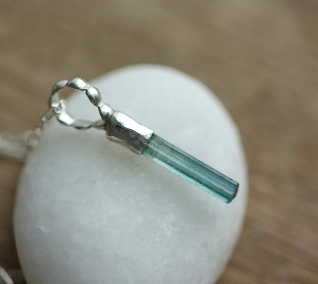 Raw Indicolite Teal Blue Tourmaline Pendant Necklace, October Birthstone Pendant Necklace