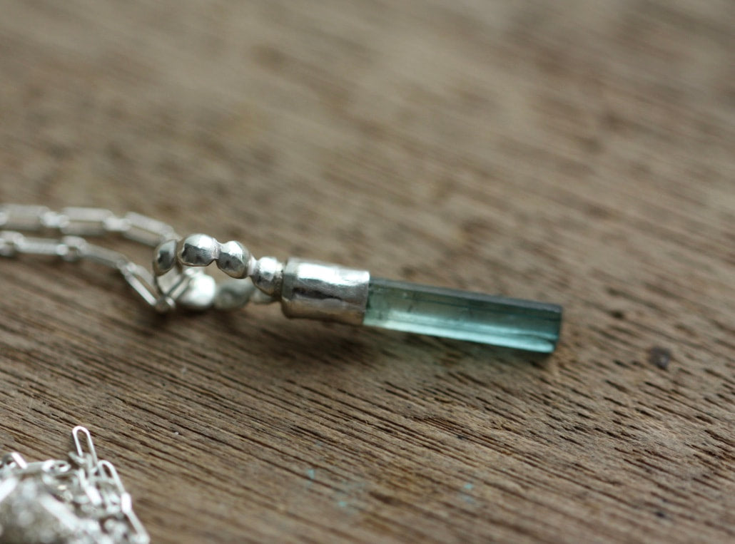 Raw Indicolite Teal Blue Tourmaline Pendant Necklace, October Birthstone Pendant Necklace