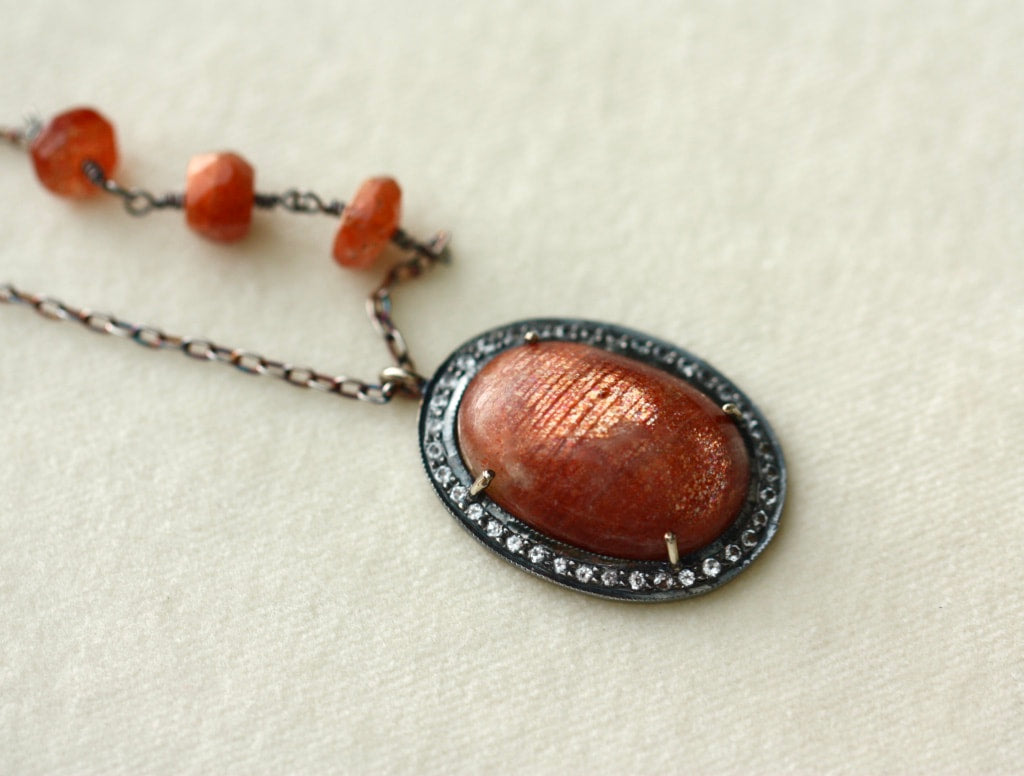 Large Sunstone and White Topaz Pendant Necklace, July and November Birthstone Necklace