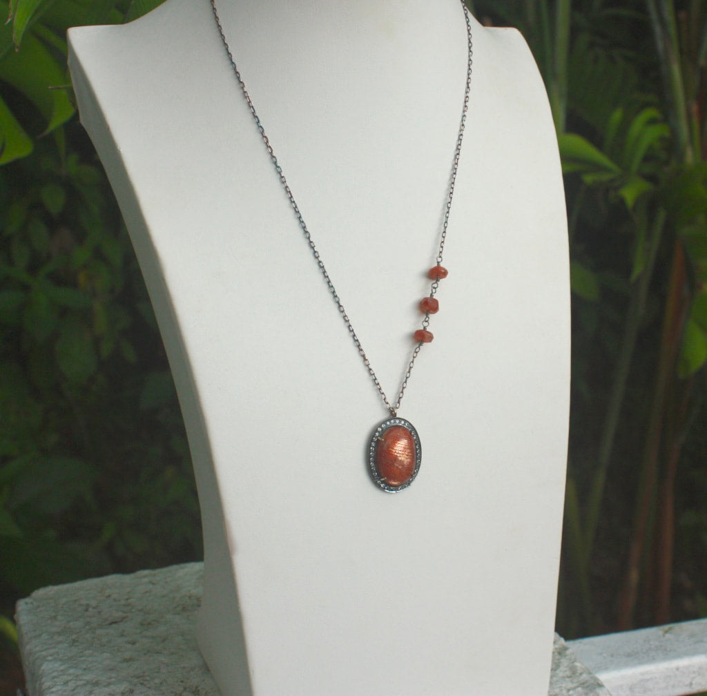 Large Sunstone and White Topaz Pendant Necklace, July and November Birthstone Necklace