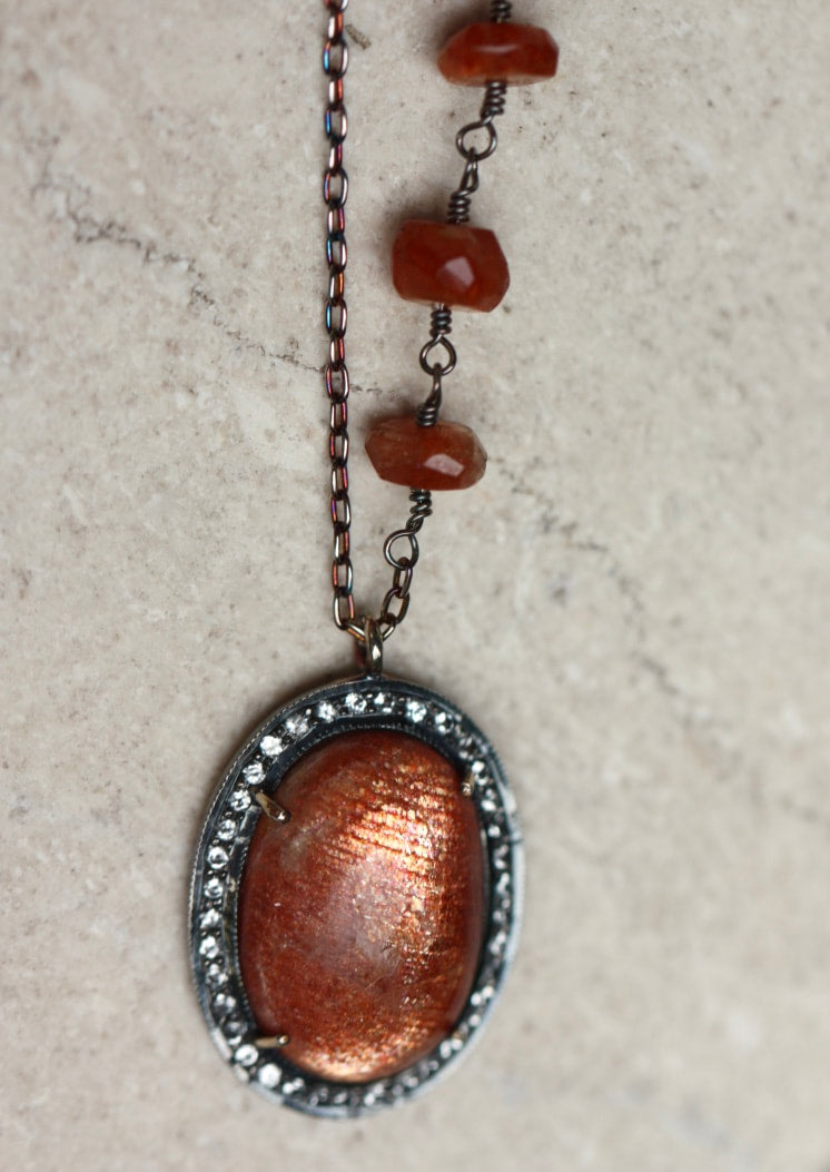 Large Sunstone and White Topaz Pendant Necklace, July and November Birthstone Necklace