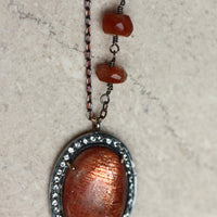 Large Sunstone and White Topaz Pendant Necklace, July and November Birthstone Necklace