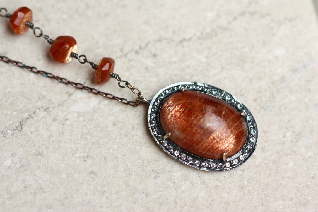 Large Sunstone and White Topaz Pendant Necklace, July and November Birthstone Necklace