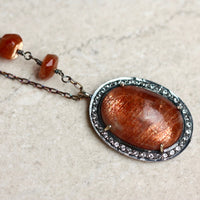 Large Sunstone and White Topaz Pendant Necklace, July and November Birthstone Necklace