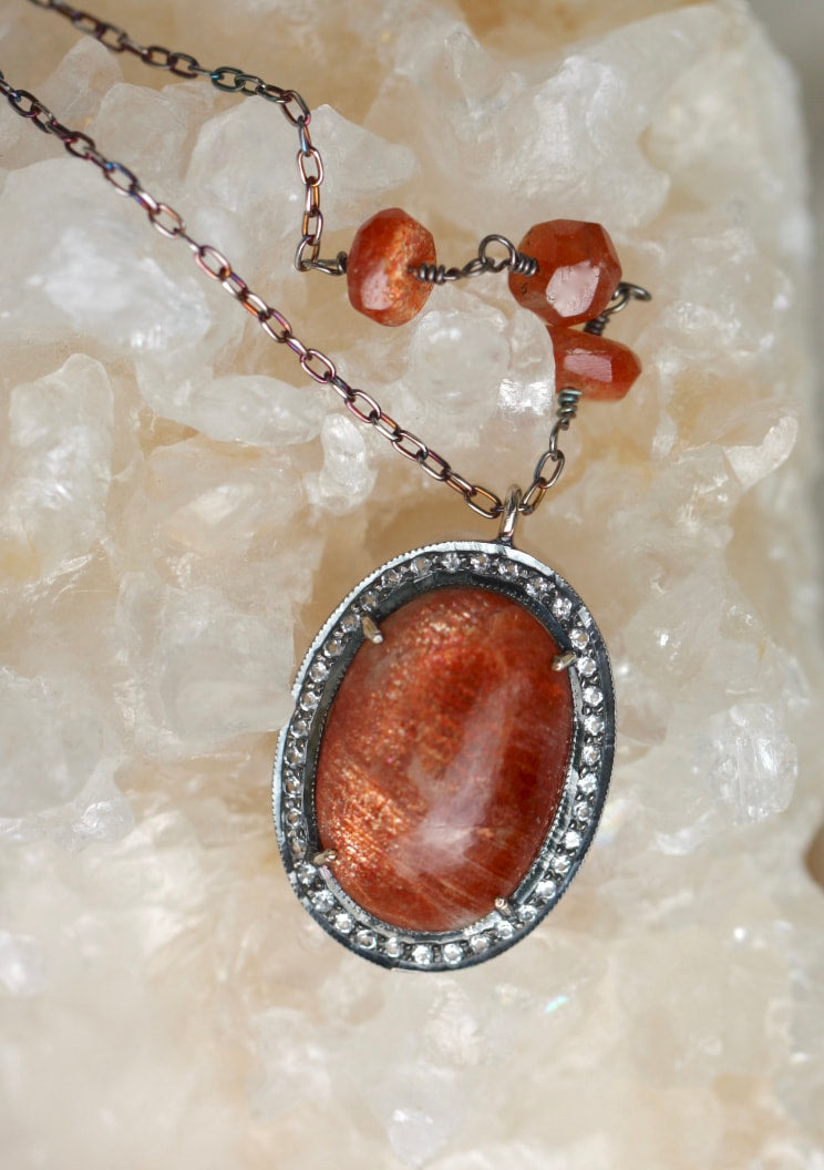 Large Sunstone and White Topaz Pendant Necklace, July and November Birthstone Necklace