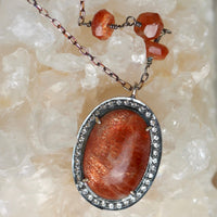 Large Sunstone and White Topaz Pendant Necklace, July and November Birthstone Necklace