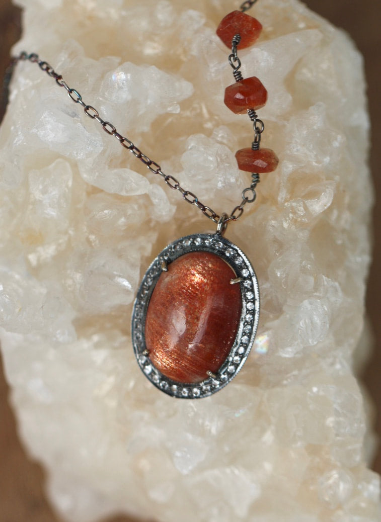 Large Sunstone and White Topaz Pendant Necklace, July and November Birthstone Necklace