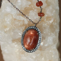 Large Sunstone and White Topaz Pendant Necklace, July and November Birthstone Necklace