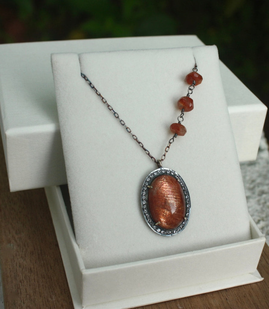 Large Sunstone and White Topaz Pendant Necklace, July and November Birthstone Necklace