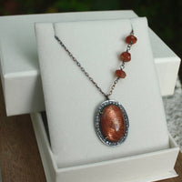 Large Sunstone and White Topaz Pendant Necklace, July and November Birthstone Necklace