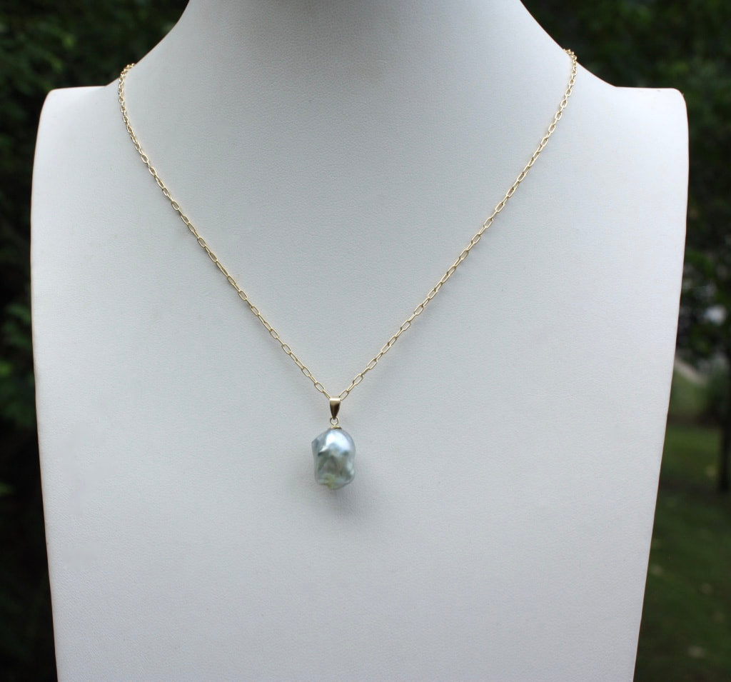 Natural Bicolor Silver Blue and Gold South Sea Baroque Pearl Necklace Pendant, June Birthstone Pendant Necklace
