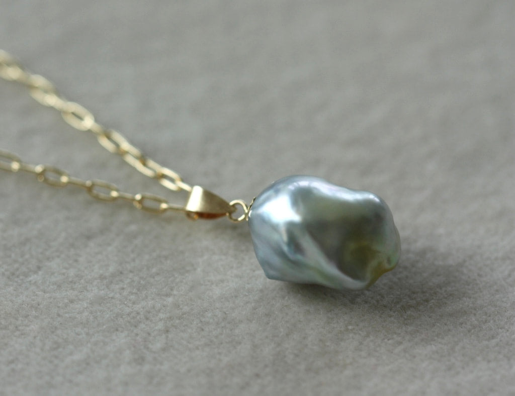 Natural Bicolor Silver Blue and Gold South Sea Baroque Pearl Necklace Pendant, June Birthstone Pendant Necklace
