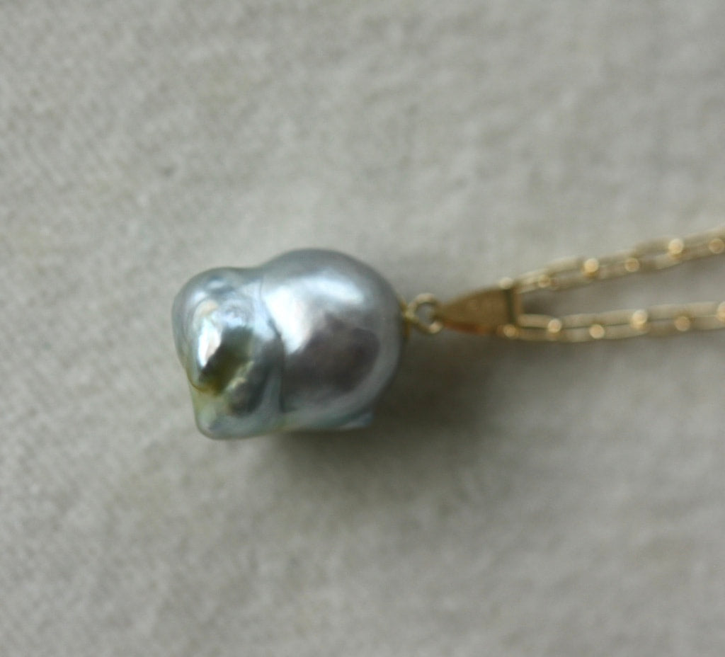 Natural Bicolor Silver Blue and Gold South Sea Baroque Pearl Necklace Pendant, June Birthstone Pendant Necklace