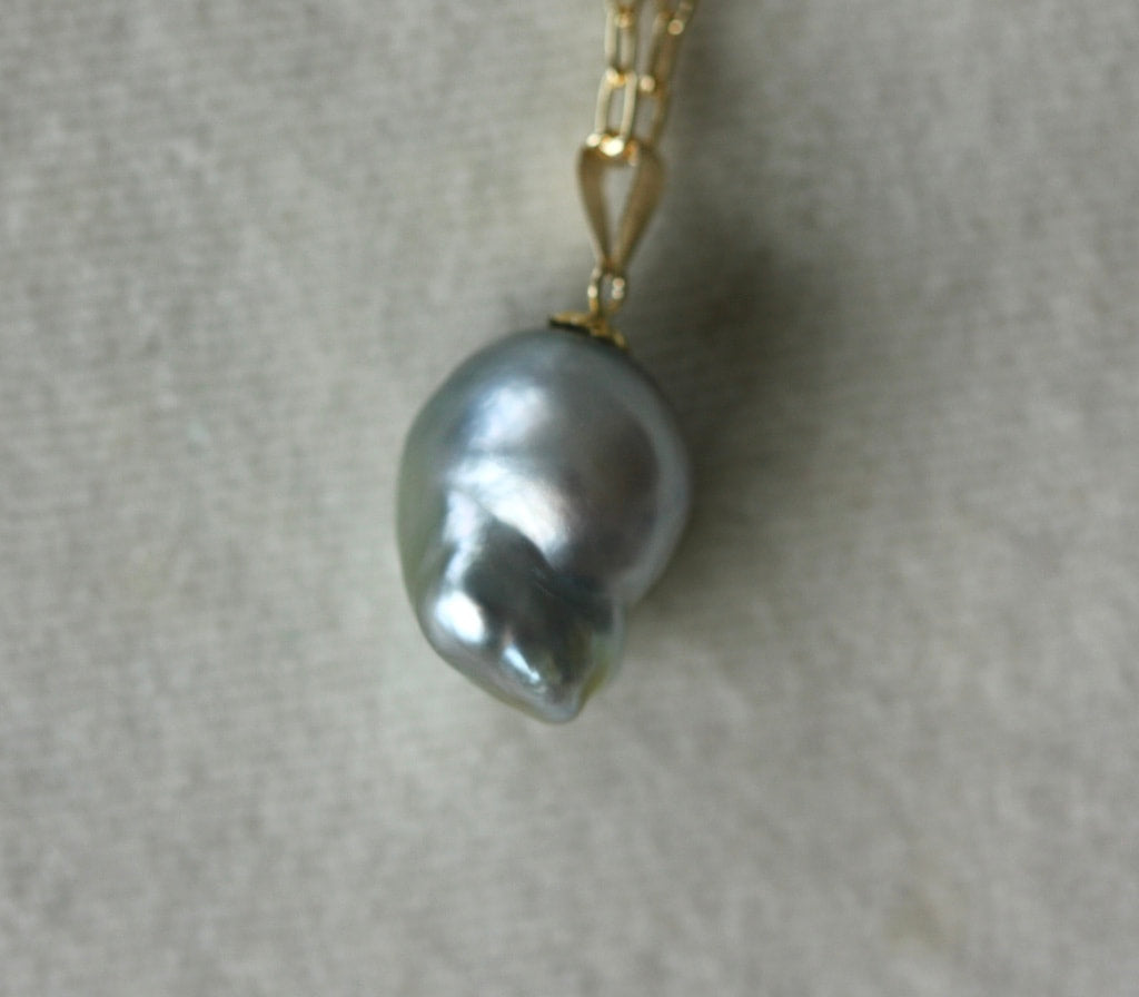 Natural Bicolor Silver Blue and Gold South Sea Baroque Pearl Necklace Pendant, June Birthstone Pendant Necklace
