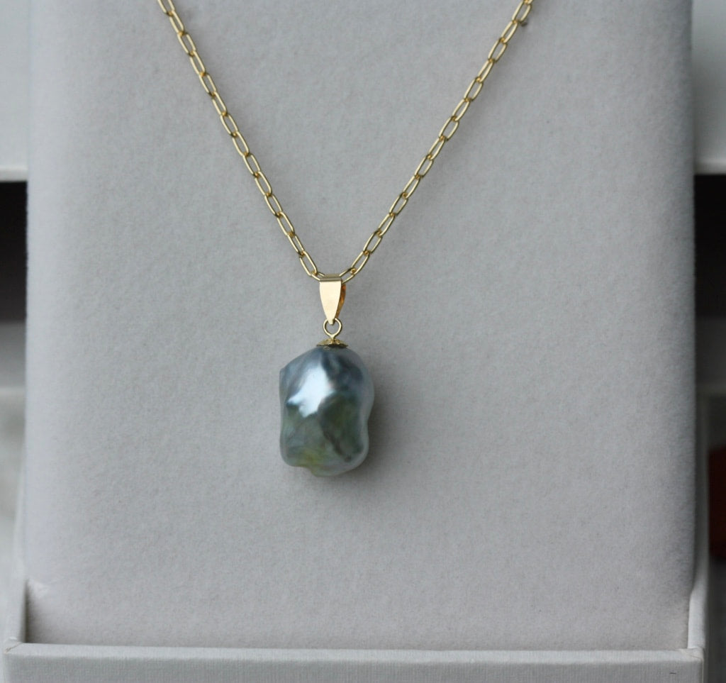Natural Bicolor Silver Blue and Gold South Sea Baroque Pearl Necklace Pendant, June Birthstone Pendant Necklace