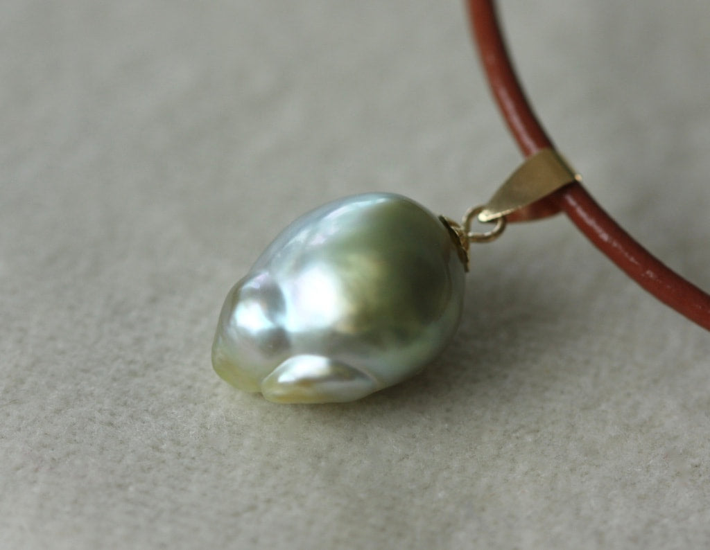Natural Bicolor Silver Blue and Gold South Sea Baroque Pearl Necklace Pendant, June Birthstone Pendant Necklace