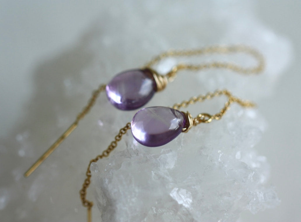 Brazilian Amethyst Threader Earrings, February Birthstone Earrings