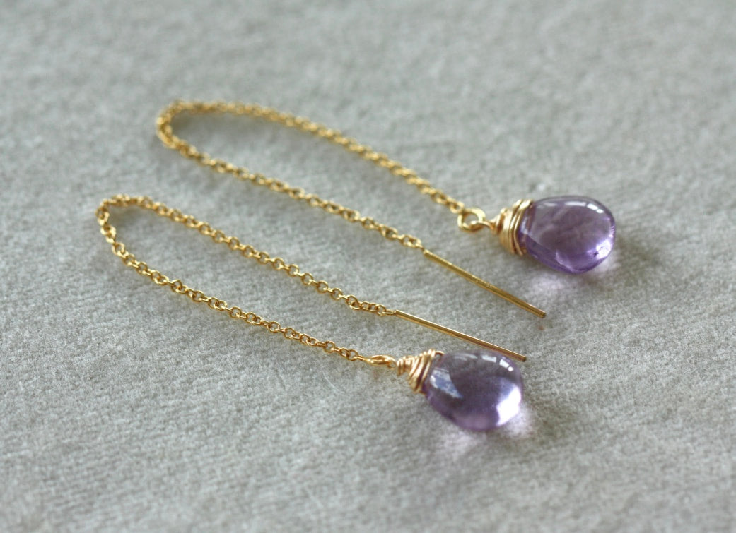 Brazilian Amethyst Threader Earrings, February Birthstone Earrings