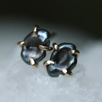Tahitian Keshi Pearl Stud Earrings, Tahitian Black Pearl Post Earrings with Gold Prongs, June Birthstone Earrings