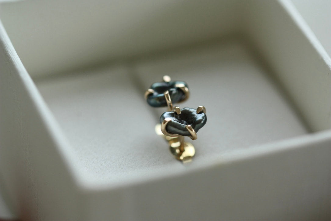 Tahitian Keshi Pearl Stud Earrings, Tahitian Black Pearl Post Earrings with Gold Prongs, June Birthstone Earrings