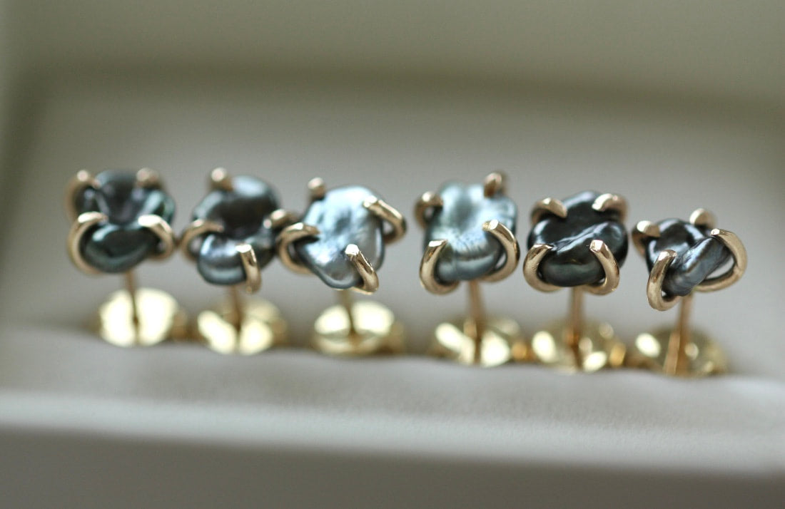 Tahitian Keshi Pearl Stud Earrings, Tahitian Black Pearl Post Earrings with Gold Prongs, June Birthstone Earrings