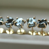 Tahitian Keshi Pearl Stud Earrings, Tahitian Black Pearl Post Earrings with Gold Prongs, June Birthstone Earrings