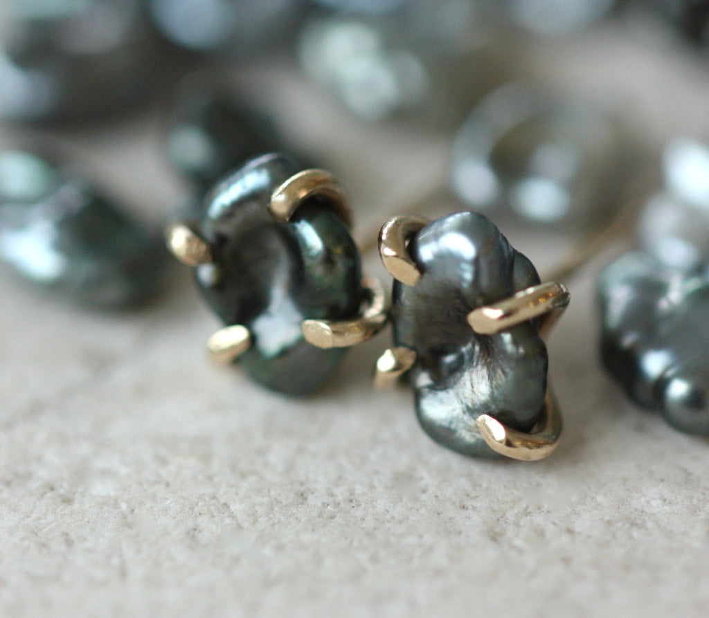 Tahitian Keshi Pearl Stud Earrings, Tahitian Black Pearl Post Earrings with Gold Prongs, June Birthstone Earrings