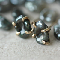 Tahitian Keshi Pearl Stud Earrings, Tahitian Black Pearl Post Earrings with Gold Prongs, June Birthstone Earrings