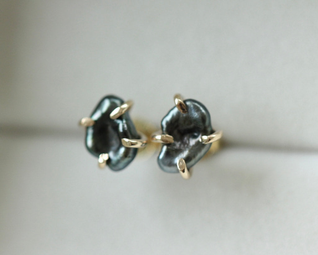 Tahitian Keshi Pearl Stud Earrings, Tahitian Black Pearl Post Earrings with Gold Prongs, June Birthstone Earrings