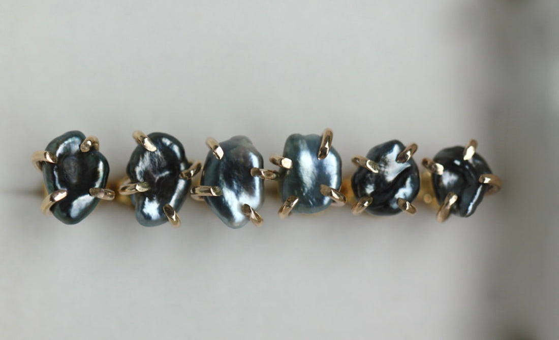 Tahitian Keshi Pearl Stud Earrings, Tahitian Black Pearl Post Earrings with Gold Prongs, June Birthstone Earrings