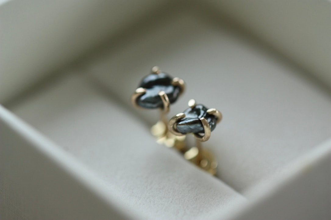 Tahitian Keshi Pearl Stud Earrings, Tahitian Black Pearl Post Earrings with Gold Prongs, June Birthstone Earrings