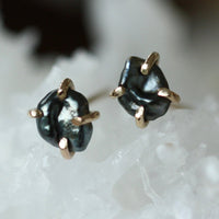 Tahitian Keshi Pearl Stud Earrings, Tahitian Black Pearl Post Earrings with Gold Prongs, June Birthstone Earrings