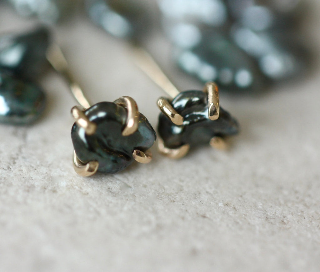 Tahitian Keshi Pearl Stud Earrings, Tahitian Black Pearl Post Earrings with Gold Prongs, June Birthstone Earrings