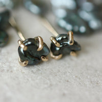 Tahitian Keshi Pearl Stud Earrings, Tahitian Black Pearl Post Earrings with Gold Prongs, June Birthstone Earrings