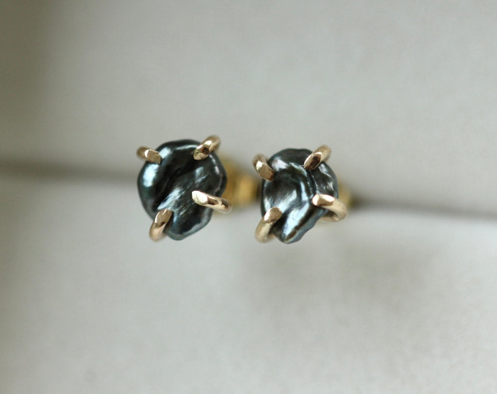 Tahitian Keshi Pearl Stud Earrings, Tahitian Black Pearl Post Earrings with Gold Prongs, June Birthstone Earrings