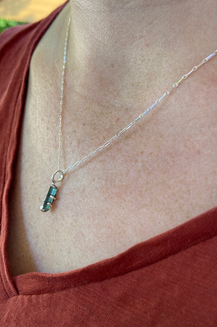 Raw Indicolite Blue Tourmaline Pendant Necklace, October Birthstone Pendant Necklace