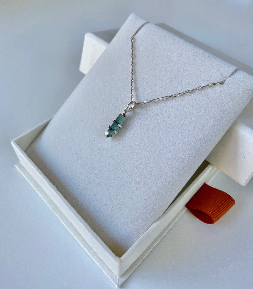 Raw Indicolite Blue Tourmaline Pendant Necklace, October Birthstone Pendant Necklace