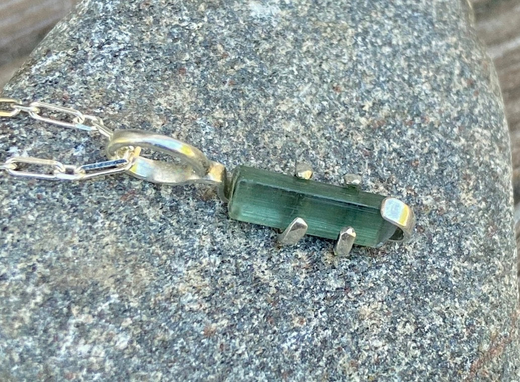 Raw Indicolite Blue Tourmaline Pendant Necklace, October Birthstone Pendant Necklace