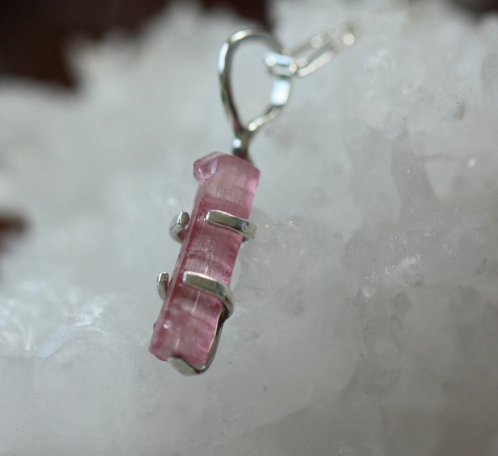 Raw Soft Pink Tourmaline Pendant Necklace, October Birthstone Pendant Necklace