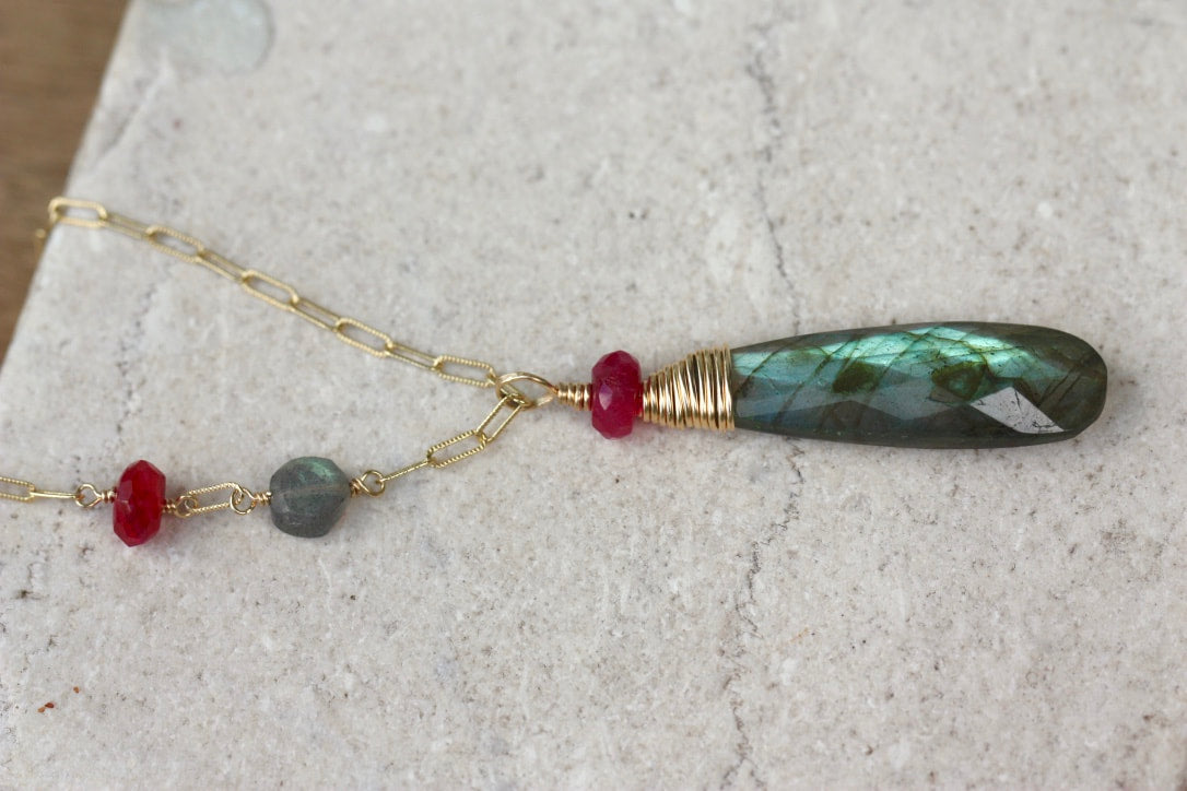 Labradorite and Ruby Long Necklace, 14k Gold Filled