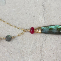 Labradorite and Ruby Long Necklace, 14k Gold Filled