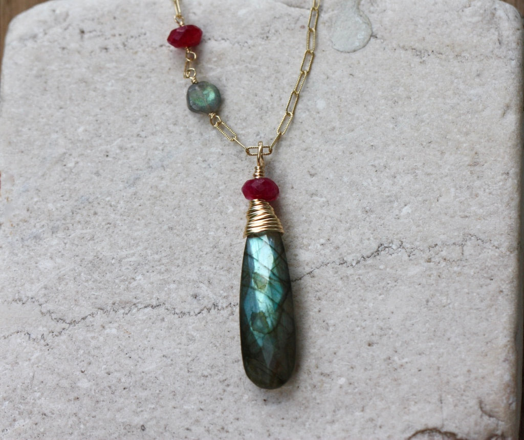Labradorite and Ruby Long Necklace, 14k Gold Filled
