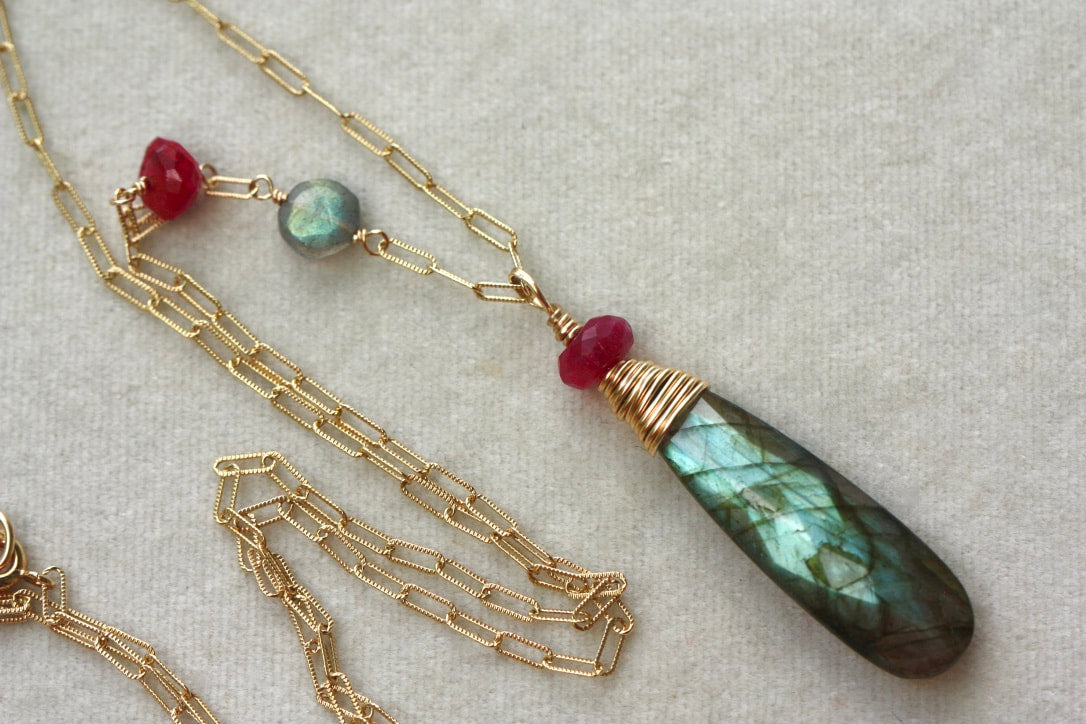 Labradorite and Ruby Long Necklace, 14k Gold Filled